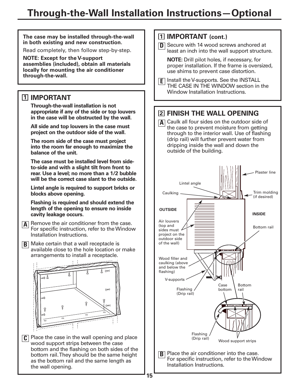 Through-the-wall installation—optional, Important, Finish the wall opening | GE CLIMATISEUR AEM18* User Manual | Page 15 / 60