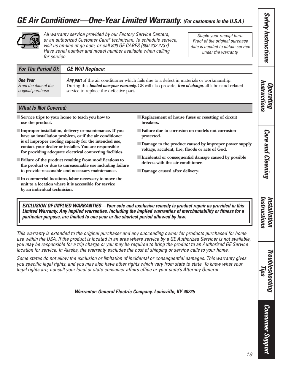 Warranty for customers in the u.s.a, Ge air conditioner—one-year limited warranty | GE CLIMATISEUR AEM18* User Manual | Page 19 / 60