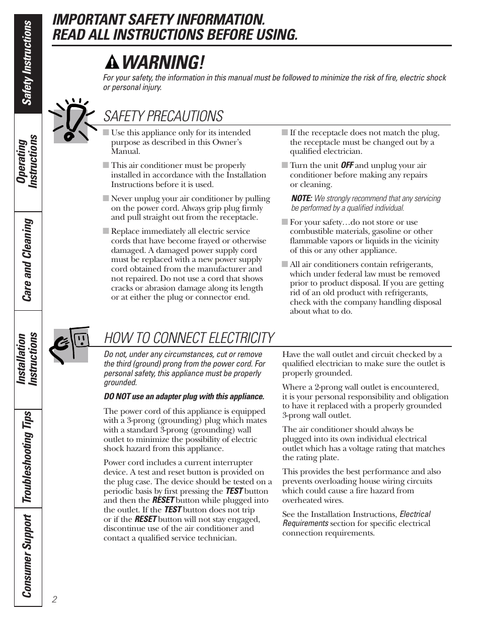 Safety instructions, Warning, Safety precautions | How to connect electricity | GE CLIMATISEUR AEM18* User Manual | Page 2 / 60