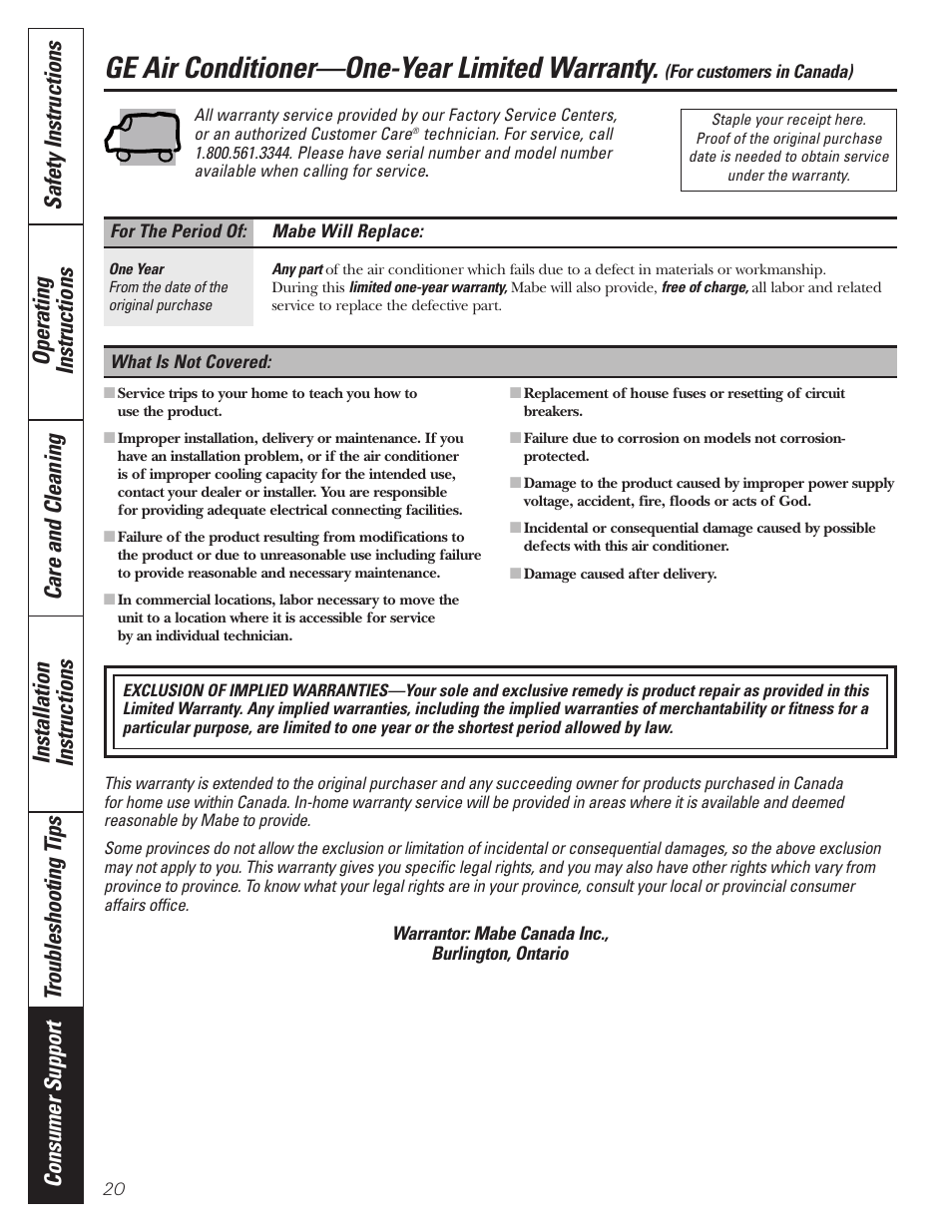 Warranty for customers in canada, Ge air conditioner—one-year limited warranty | GE CLIMATISEUR AEM18* User Manual | Page 20 / 60