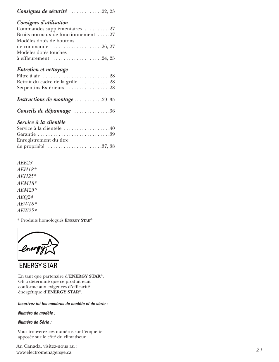 French, Consignes d’utilisation, Entretien et nettoyage | Service à la clientèle, Consignes de sécurité, Instructions de montage, Conseils de dépannage | GE CLIMATISEUR AEM18* User Manual | Page 21 / 60