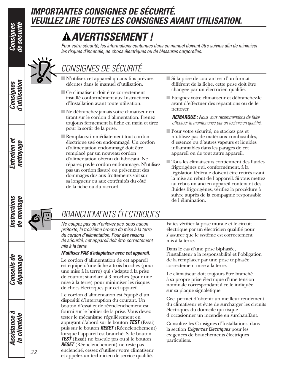 Consignes de sécurité, Avertissement, Branchements électriques | GE CLIMATISEUR AEM18* User Manual | Page 22 / 60