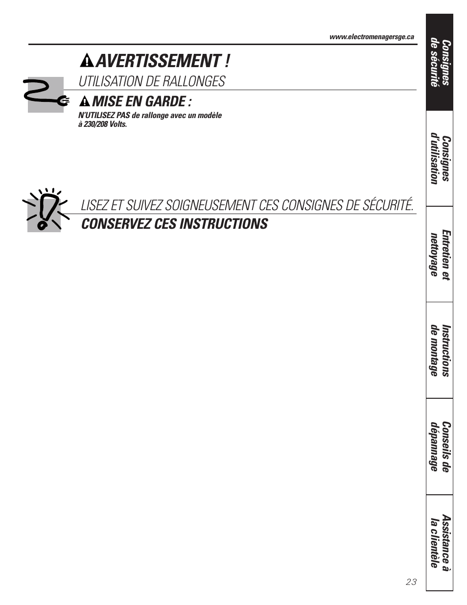 Avertissement, Mise en garde | GE CLIMATISEUR AEM18* User Manual | Page 23 / 60