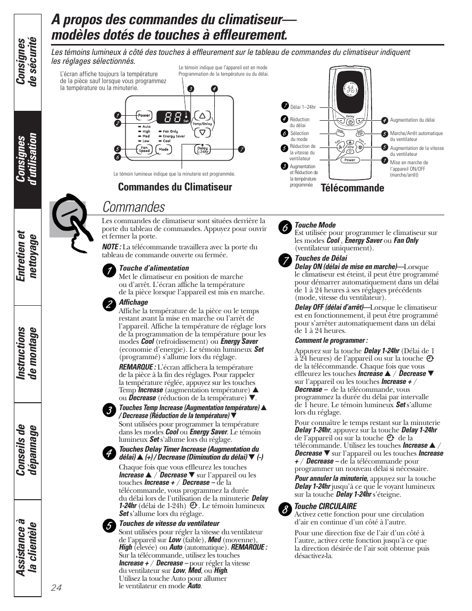 Modèles dotés touches à effleurement, Modèles dotés touches à effleurement , 25, Commandes du climatiseur | Télécommande | GE CLIMATISEUR AEM18* User Manual | Page 24 / 60