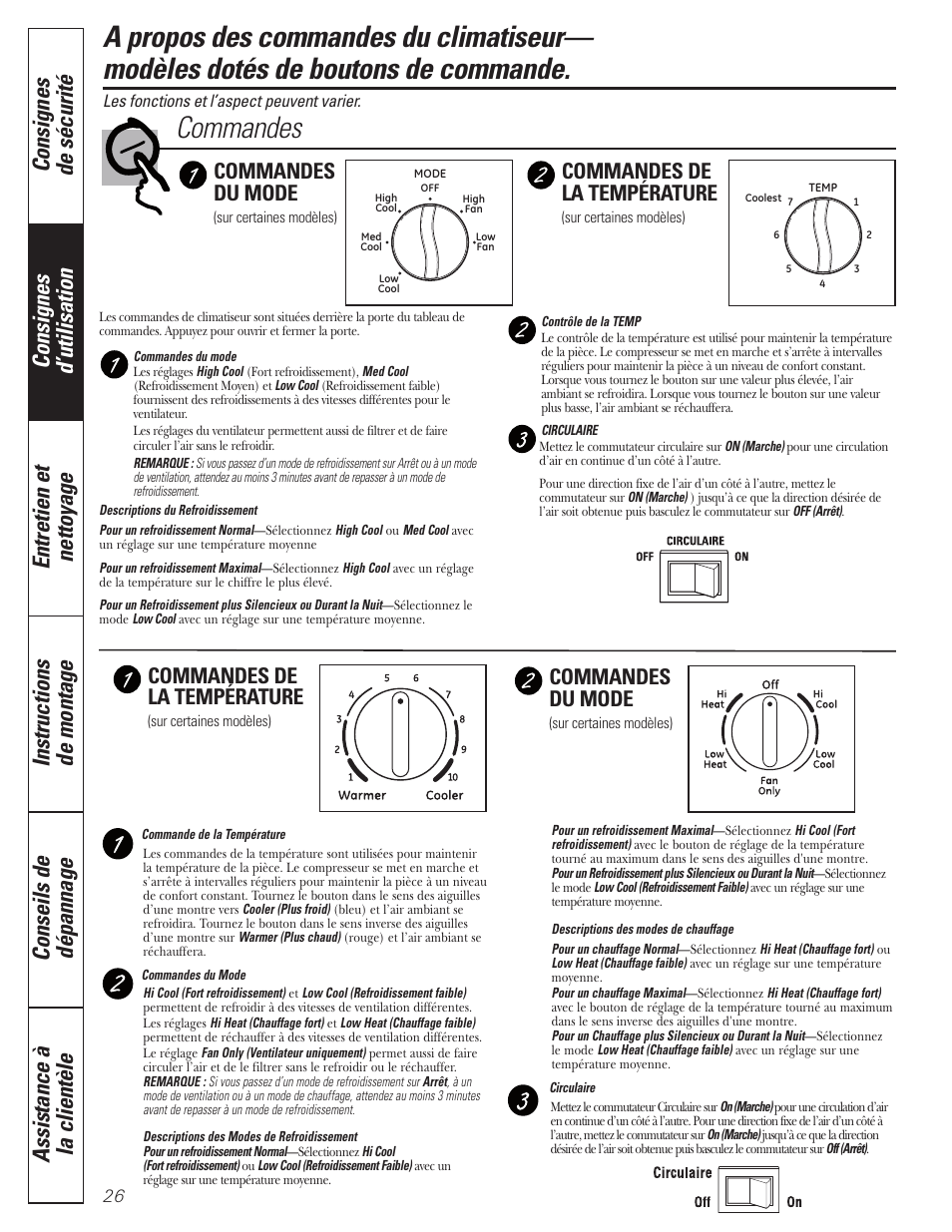 Modèles dotés de boutons de commande, Modèles dotés de boutons de commande , 27, Commandes | Commandes de la température, Commandes du mode | GE CLIMATISEUR AEM18* User Manual | Page 26 / 60