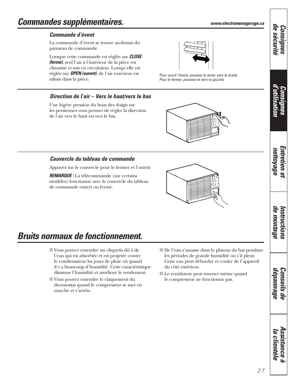 Commandes supplémentaires, Bruits normaux de fonctionnement | GE CLIMATISEUR AEM18* User Manual | Page 27 / 60