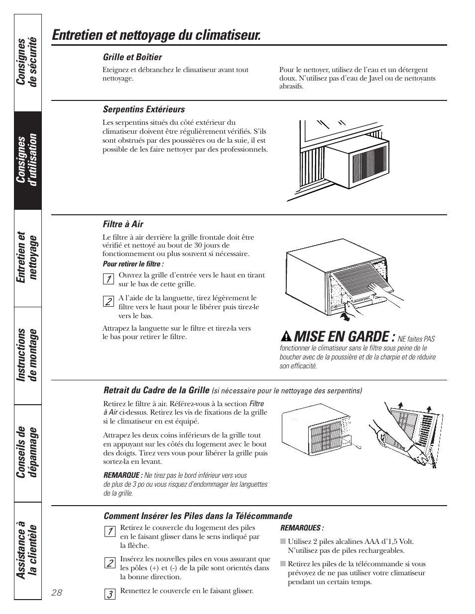 Filtre à air, Retrait du cadre de la grille, Serpentins extérieurs | Entretien et nettoyage du climatiseur, Mise en garde | GE CLIMATISEUR AEM18* User Manual | Page 28 / 60