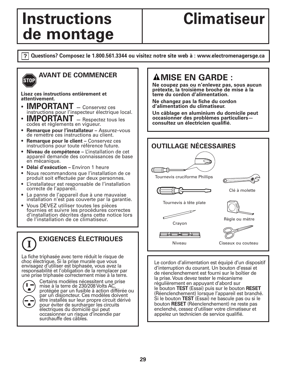 Instructions de montage, Instructions climatiseur de montage, Important | Mise en garde | GE CLIMATISEUR AEM18* User Manual | Page 29 / 60