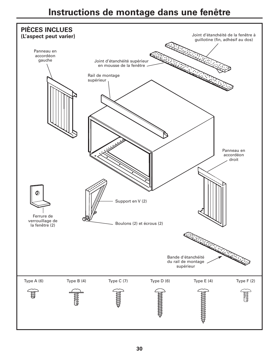 Instructions de montage dans une fenêtre, Pièces inclues | GE CLIMATISEUR AEM18* User Manual | Page 30 / 60