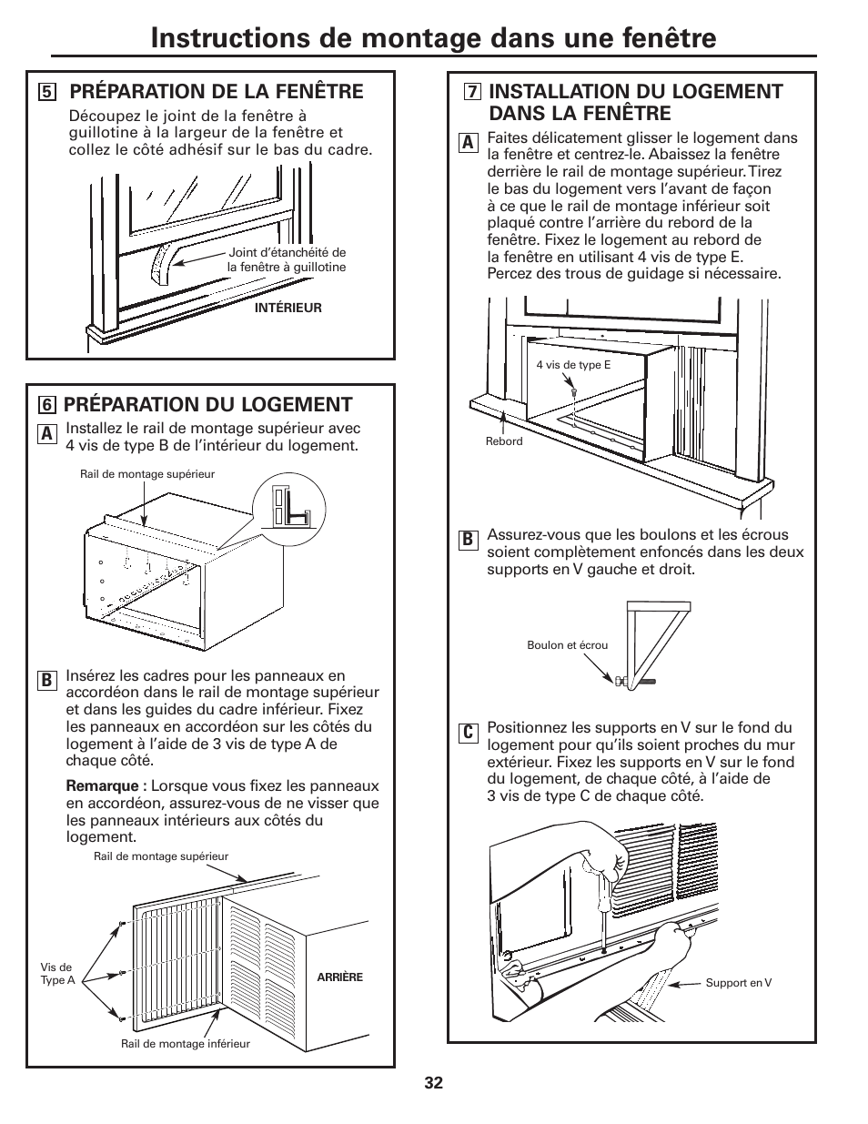 Instructions de montage dans une fenêtre, Préparation du logement, Installation du logement dans la fenêtre | Préparation de la fenêtre | GE CLIMATISEUR AEM18* User Manual | Page 32 / 60