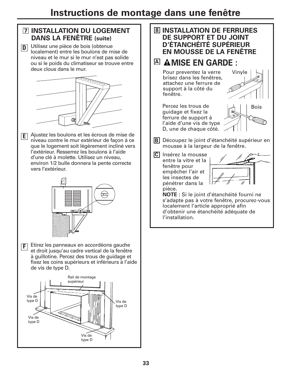 Instructions de montage dans une fenêtre, Mise en garde | GE CLIMATISEUR AEM18* User Manual | Page 33 / 60