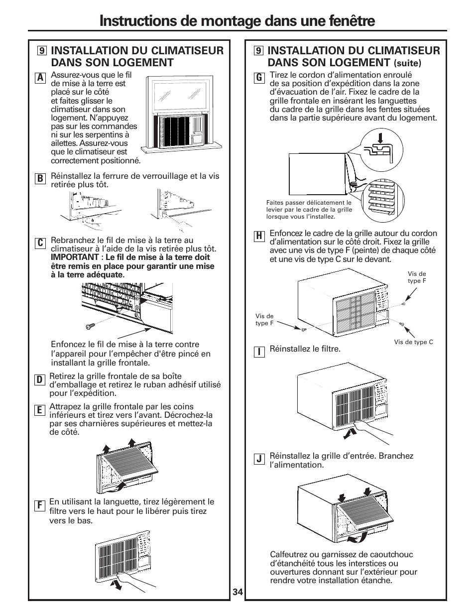 Instructions de montage dans une fenêtre | GE CLIMATISEUR AEM18* User Manual | Page 34 / 60