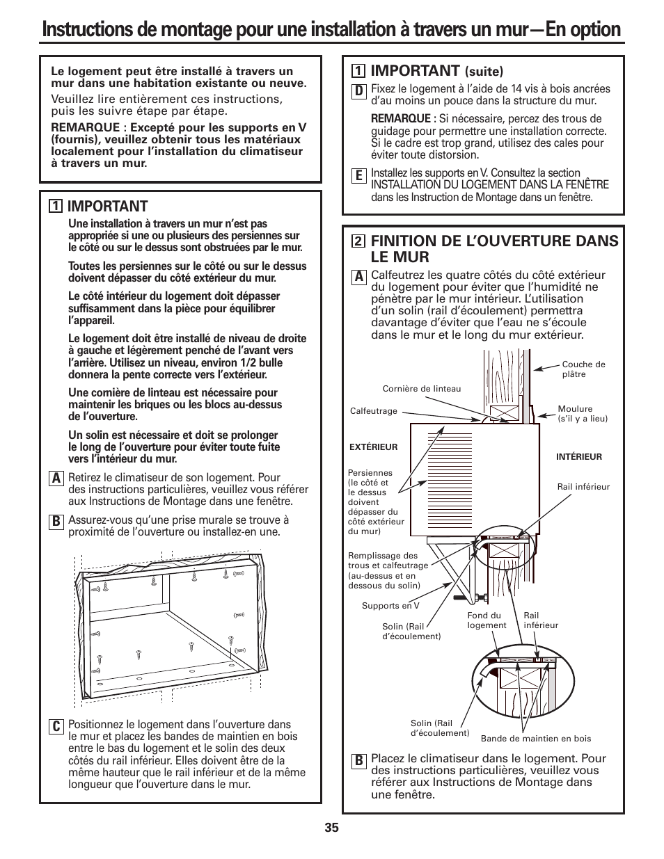 Important, Finition de l’ouverture dans le mur | GE CLIMATISEUR AEM18* User Manual | Page 35 / 60