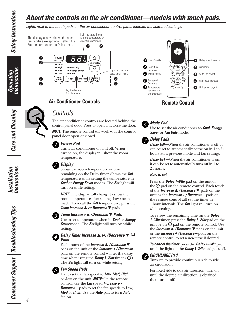 Touch pad models, Touch pad models , 5, Remote control | Air conditioner controls | GE CLIMATISEUR AEM18* User Manual | Page 4 / 60