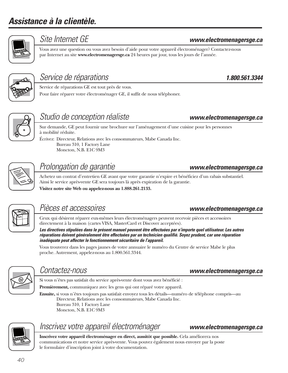 Service à la clientèle, Service de réparations, Studio de conception réaliste | Pièces et accessoires, Contactez-nous, Inscrivez votre appareil électroménager, Prolongation de garantie, Site internet ge, Assistance à la clientèle | GE CLIMATISEUR AEM18* User Manual | Page 40 / 60