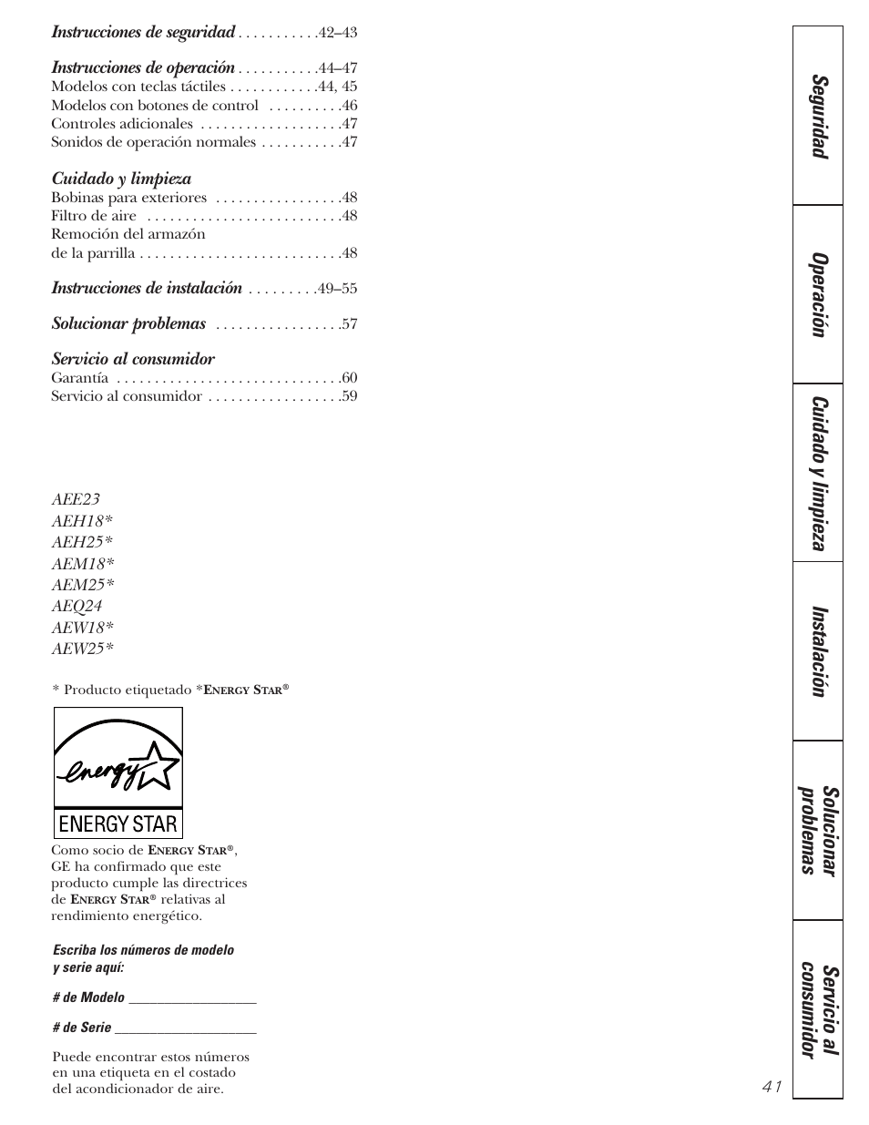 Spanish, Cuidado y limpieza, Servicio al consumidor | GE CLIMATISEUR AEM18* User Manual | Page 41 / 60