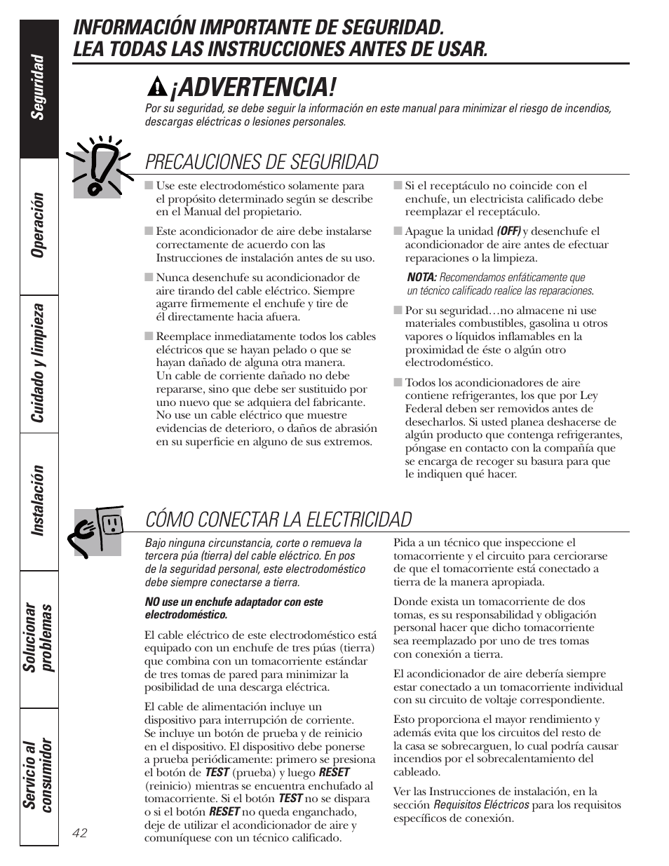 Instrucciones de seguridad, Advertencia, Precauciones de seguridad | Cómo conectar la electricidad | GE CLIMATISEUR AEM18* User Manual | Page 42 / 60