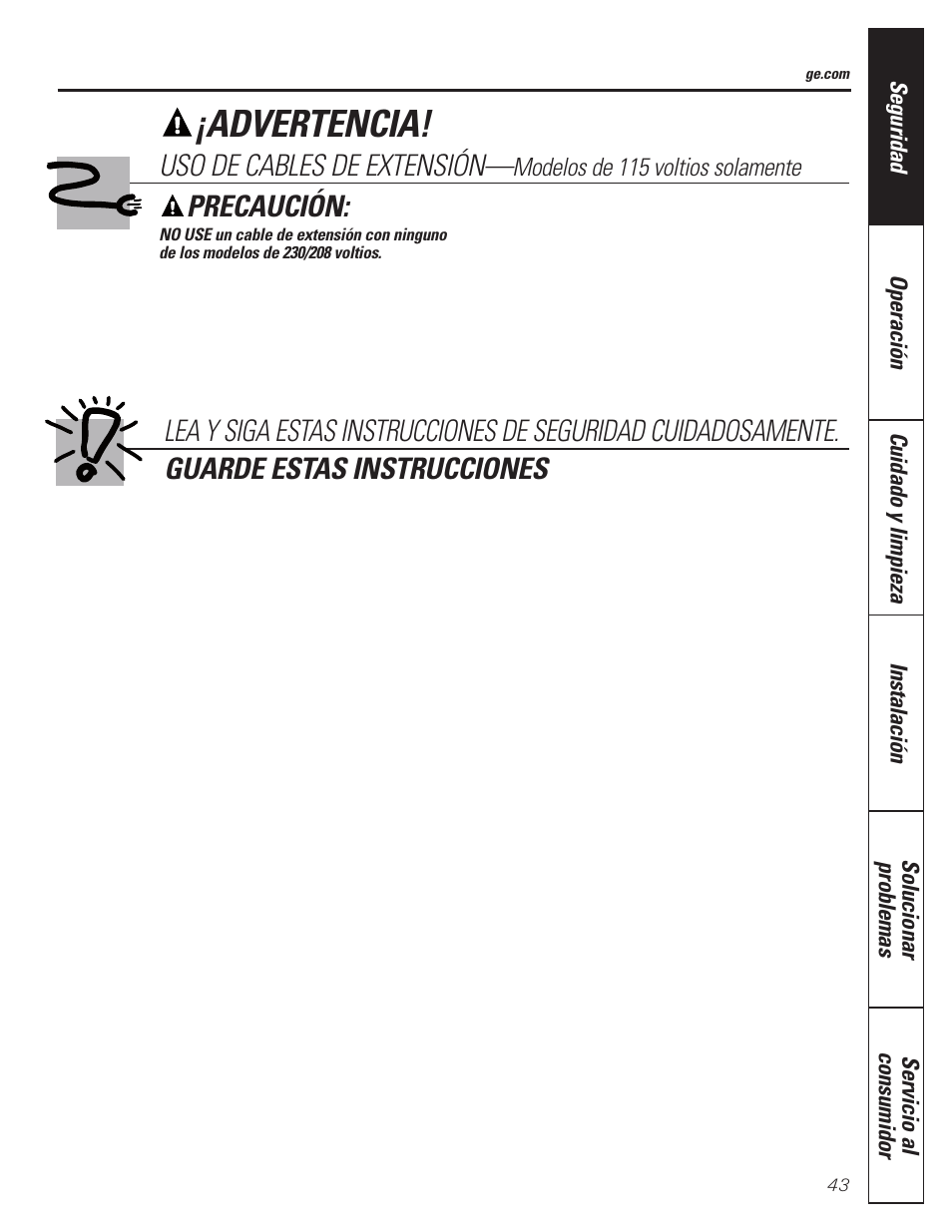 Advertencia, Precaución, Uso de cables de extensión | GE CLIMATISEUR AEM18* User Manual | Page 43 / 60