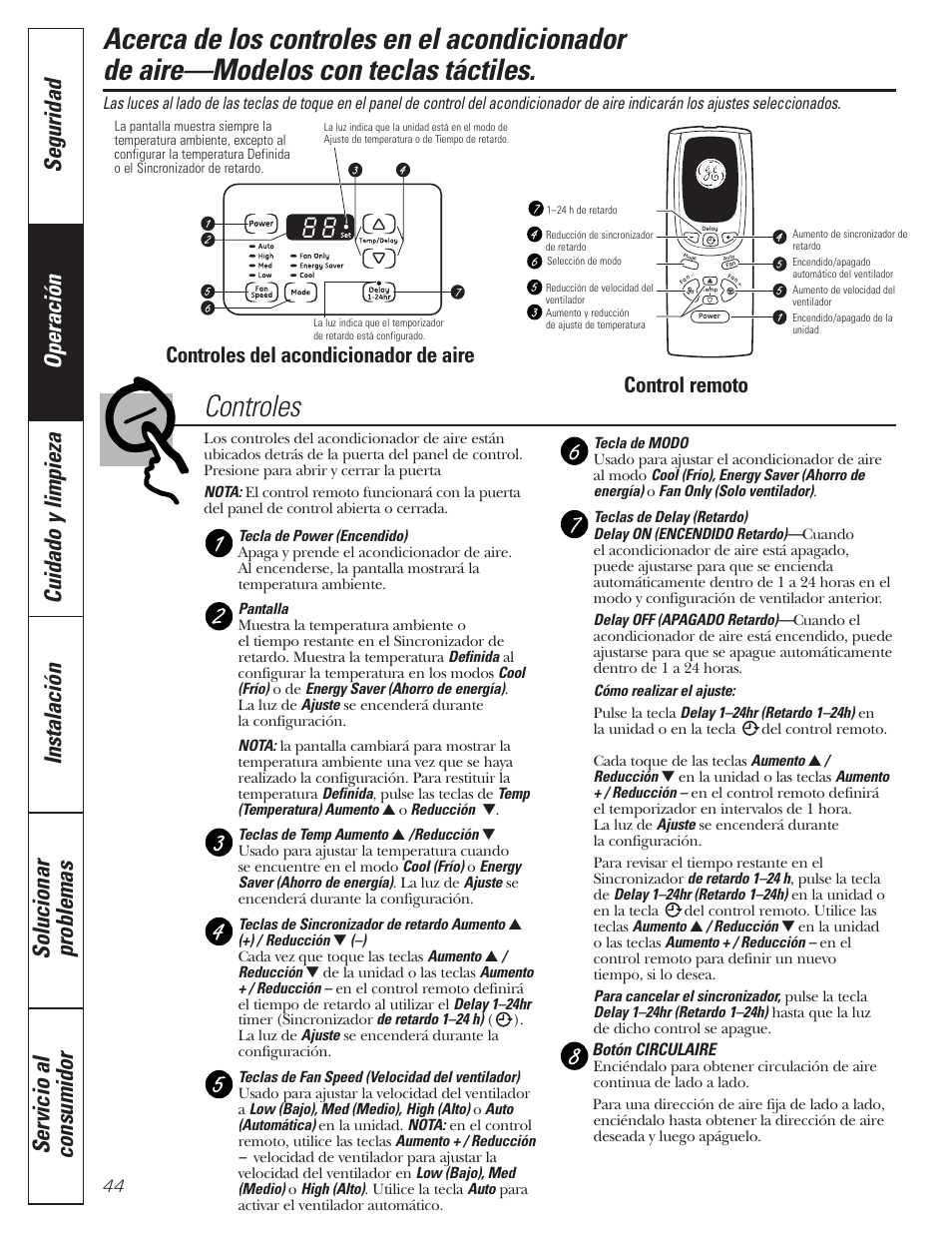 Instrucciones de operación, Modelos con teclas táctiles, Modelos con teclas táctiles , 45 | Control remoto, Controles del acondicionador de aire | GE CLIMATISEUR AEM18* User Manual | Page 44 / 60