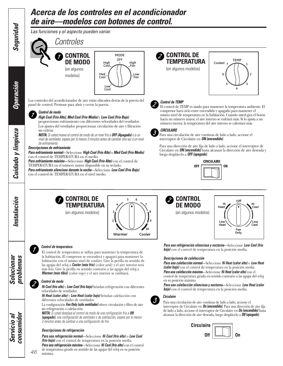 Modelos con botones de control, Controles, Control de temperatura | Control de modo | GE CLIMATISEUR AEM18* User Manual | Page 46 / 60