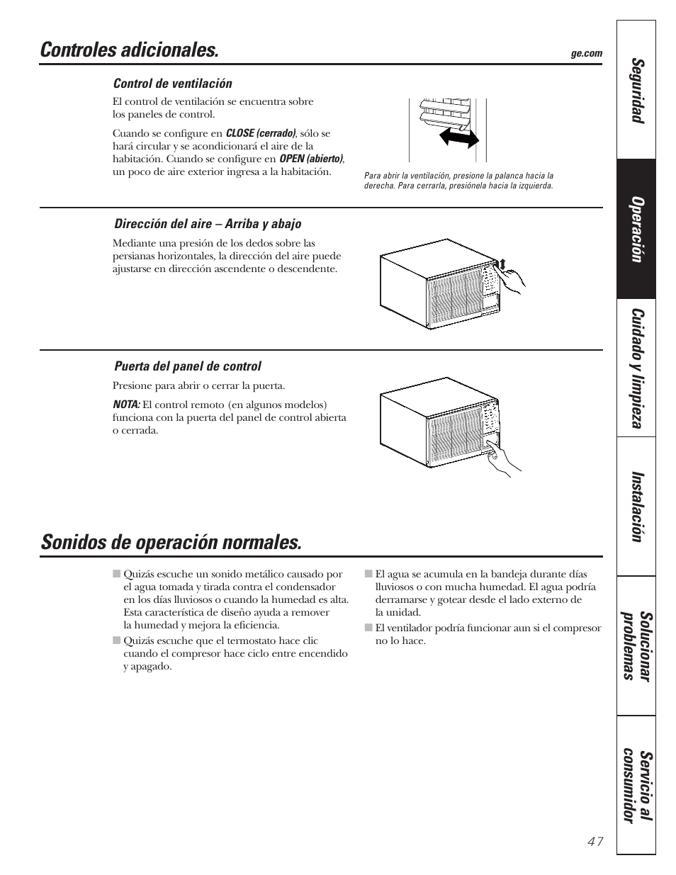 Controles adicionales, Sonidos de operación normales | GE CLIMATISEUR AEM18* User Manual | Page 47 / 60