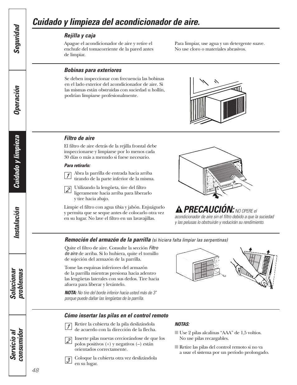 Bobinas para exteriores, Filtro de aire, Remoción del armazón de la parrilla | Cuidado y limpieza del acondicionador de aire, Precaución | GE CLIMATISEUR AEM18* User Manual | Page 48 / 60