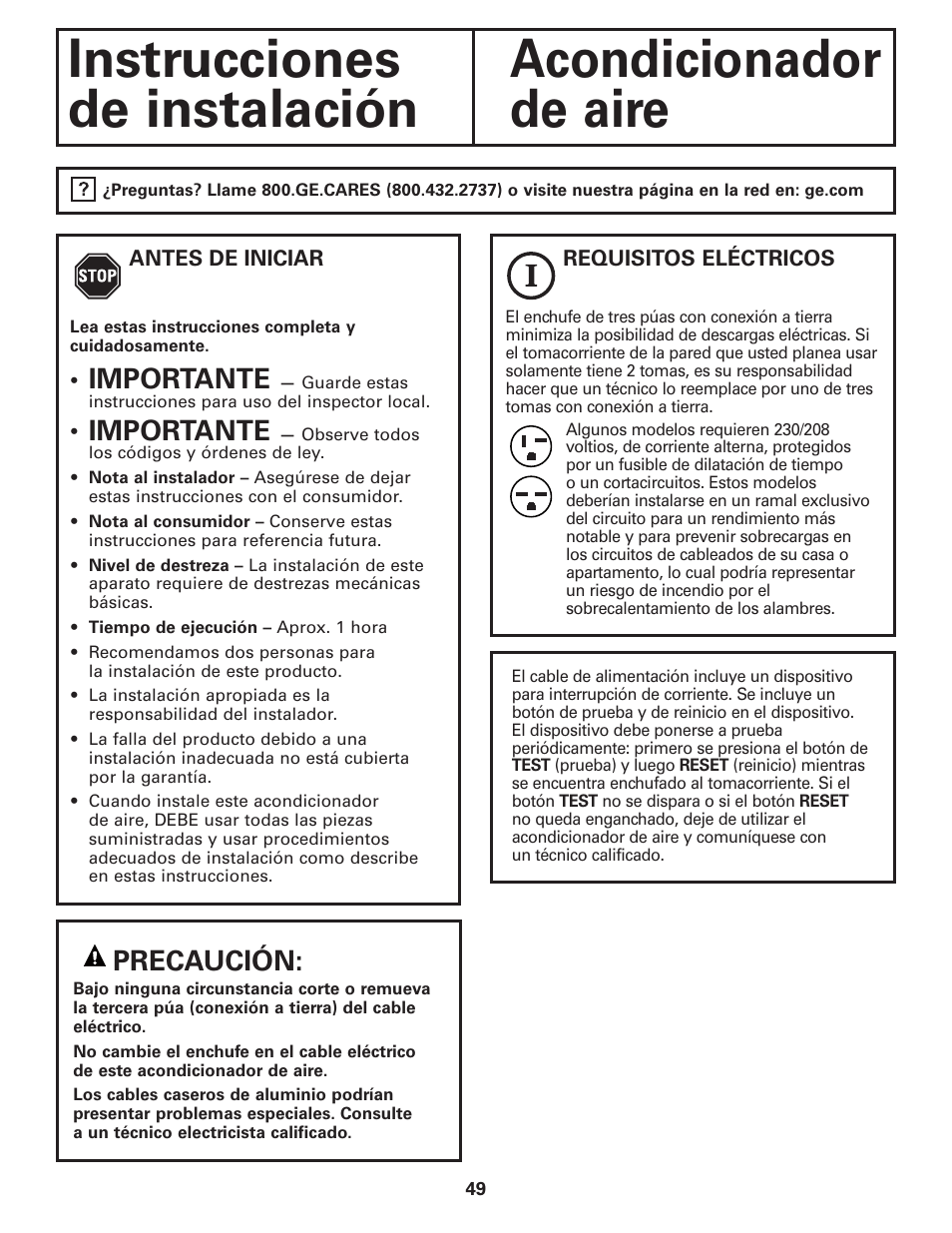 Instrucciones de instalación, Precaución, Importante | GE CLIMATISEUR AEM18* User Manual | Page 49 / 60