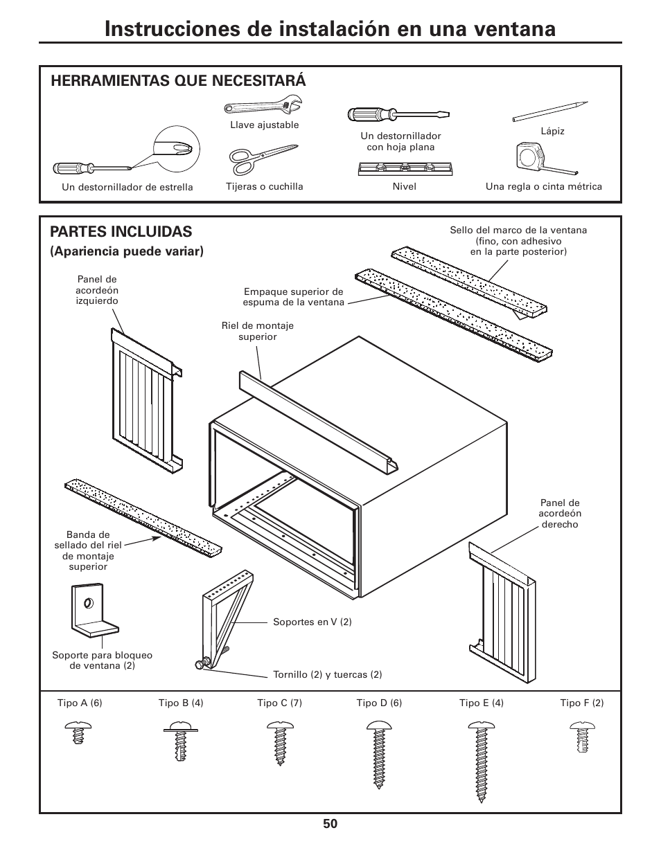 Instrucciones de instalación en una ventana, Herramientas que necesitará, Partes incluidas | GE CLIMATISEUR AEM18* User Manual | Page 50 / 60