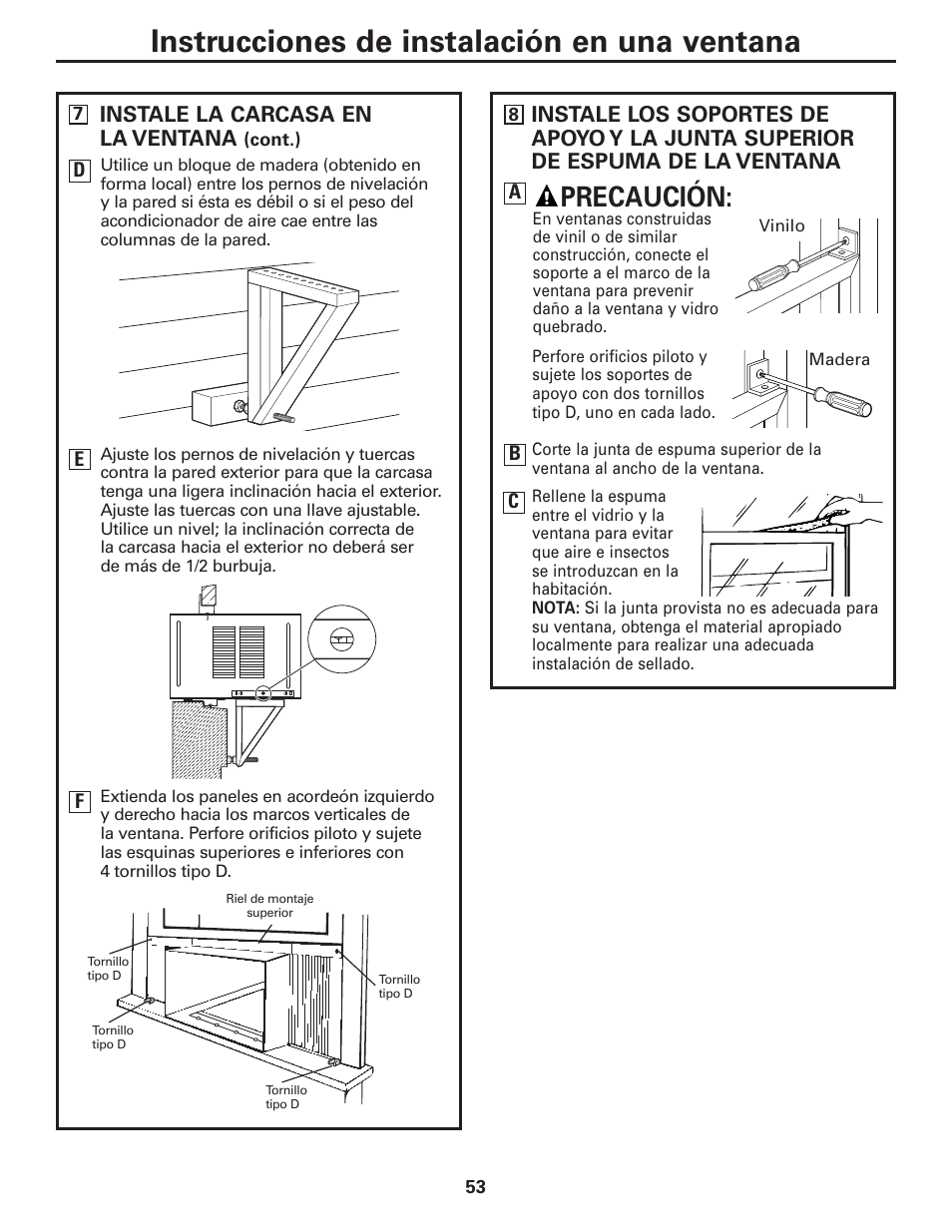 Instrucciones de instalación en una ventana, Precaución | GE CLIMATISEUR AEM18* User Manual | Page 53 / 60