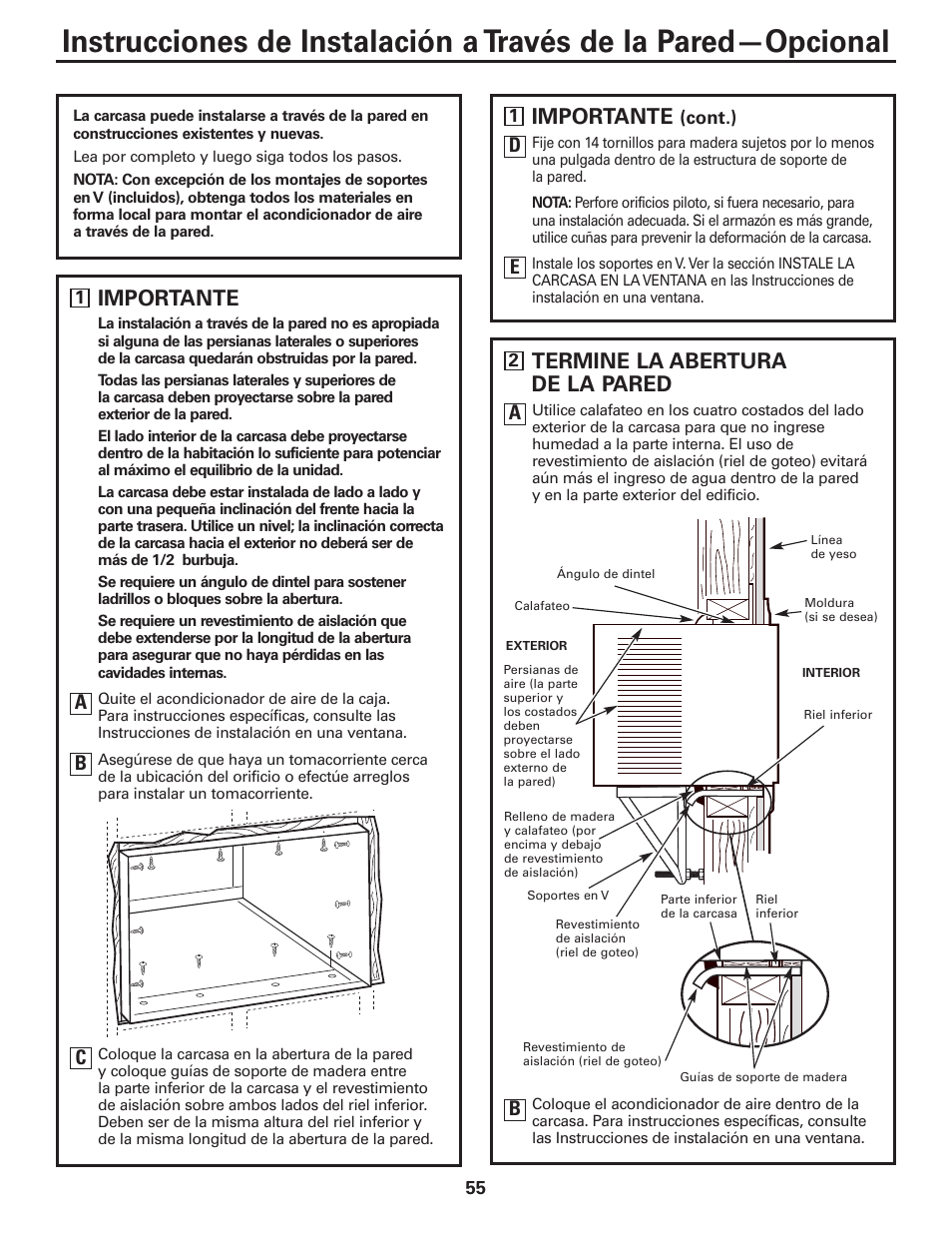 Importante, Termine la abertura de la pared | GE CLIMATISEUR AEM18* User Manual | Page 55 / 60