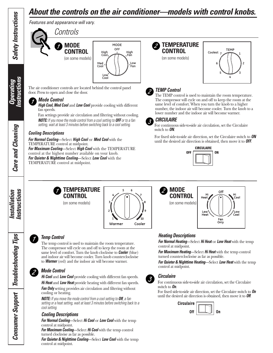 Control knob models, Controls, Temperature control | Mode control | GE CLIMATISEUR AEM18* User Manual | Page 6 / 60