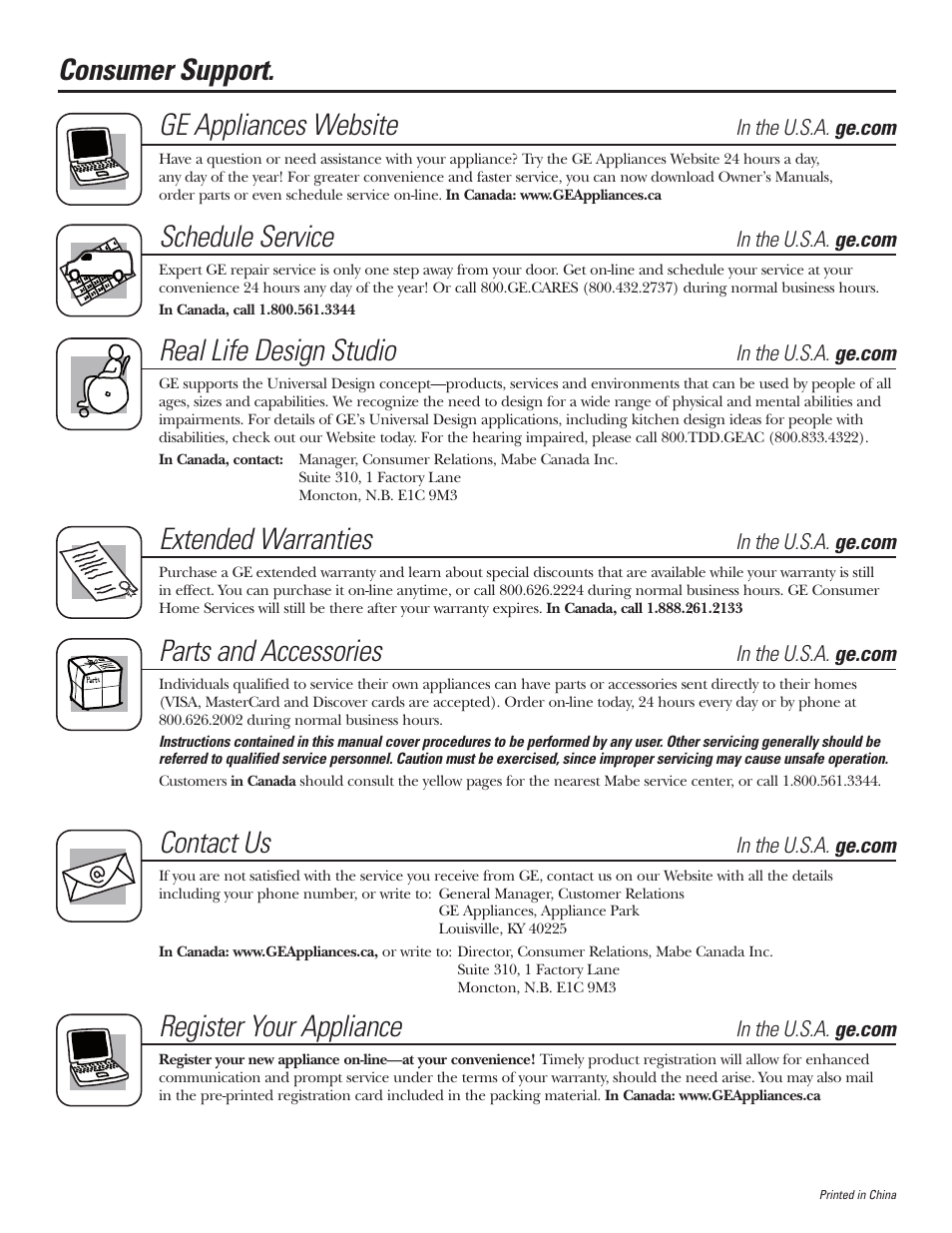 Consumer support, Garantía, Consumer support . . . . .back cover | Consumer support. ge appliances website, Schedule service, Real life design studio, Extended warranties, Parts and accessories, Contact us, Register your appliance | GE CLIMATISEUR AEM18* User Manual | Page 60 / 60