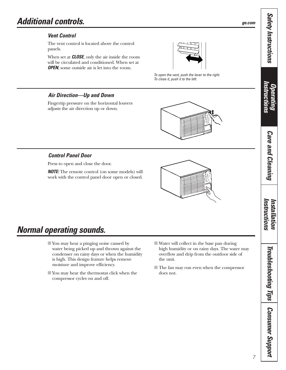 Additional controls, Normal operating sounds | GE CLIMATISEUR AEM18* User Manual | Page 7 / 60