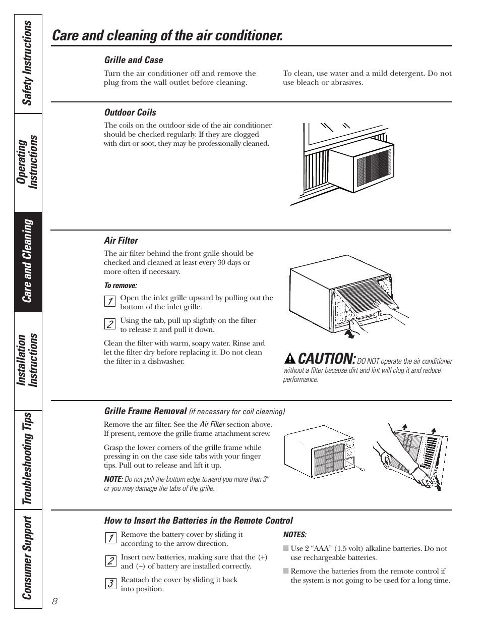 Air filter, Grille and case, Outdoor coils | Air filter grille and case outdoor coils, Caution, Care and cleaning of the air conditioner | GE CLIMATISEUR AEM18* User Manual | Page 8 / 60
