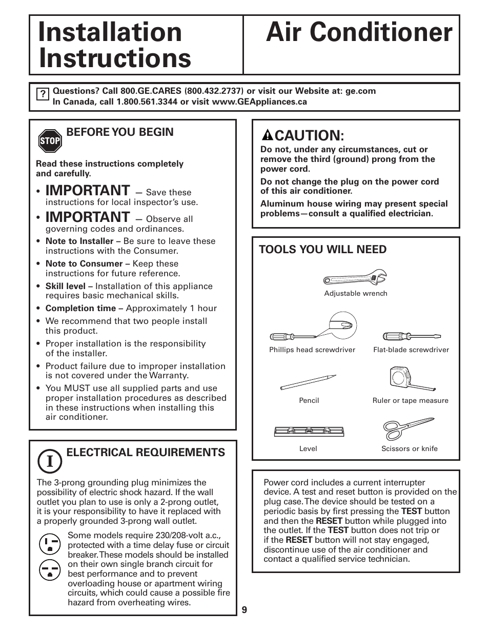 Window installation, Window installation –14, Installation air conditioner instructions | Important, Caution | GE CLIMATISEUR AEM18* User Manual | Page 9 / 60