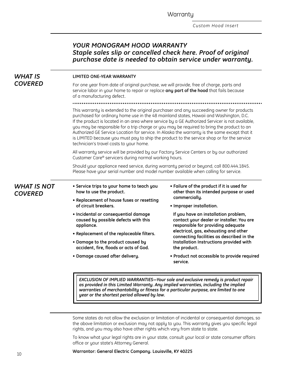 Warranty, What is not covered | GE Monogram 49-80565 User Manual | Page 10 / 32