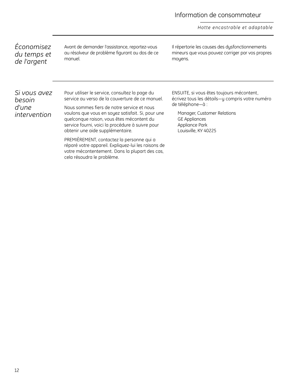 Information de consommateur, Économisez du temps et de l’argent, Si vous avez besoin d’une intervention | GE Monogram 49-80565 User Manual | Page 12 / 32