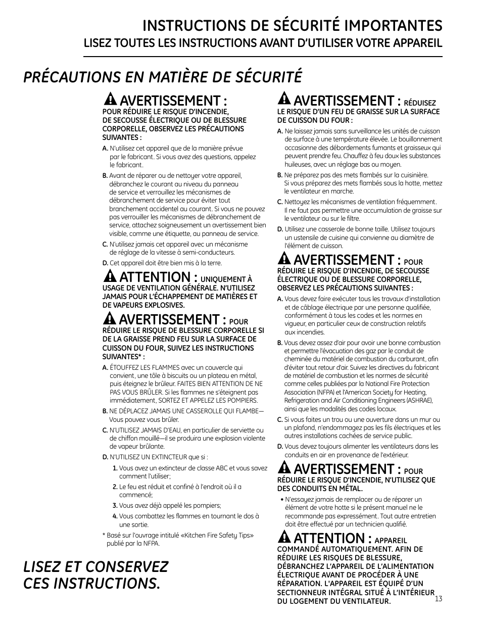 Instructions de sécurité, Précautions en matière de sécurité, Avertissement | Attention | GE Monogram 49-80565 User Manual | Page 13 / 32