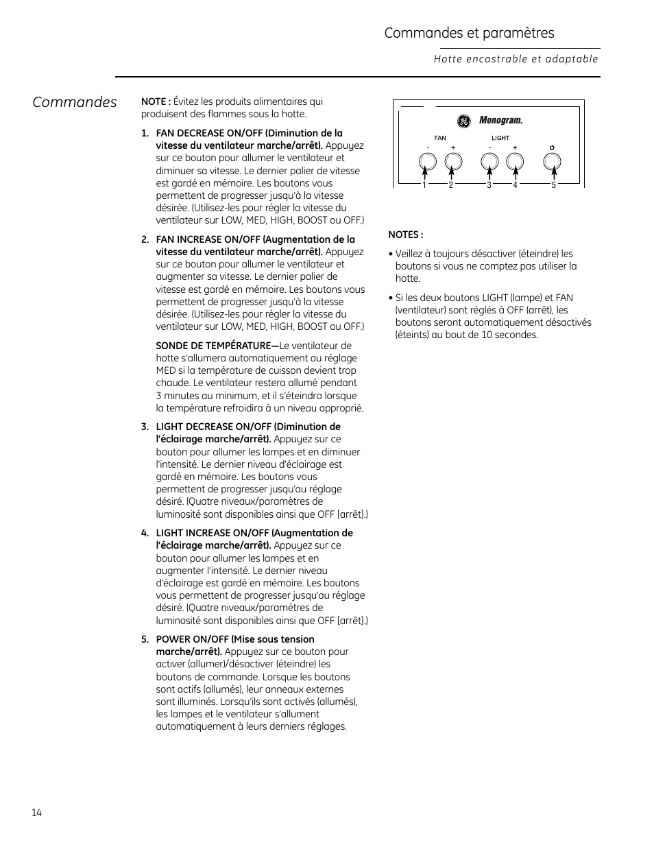 Commandes et paramètres, Commandes | GE Monogram 49-80565 User Manual | Page 14 / 32
