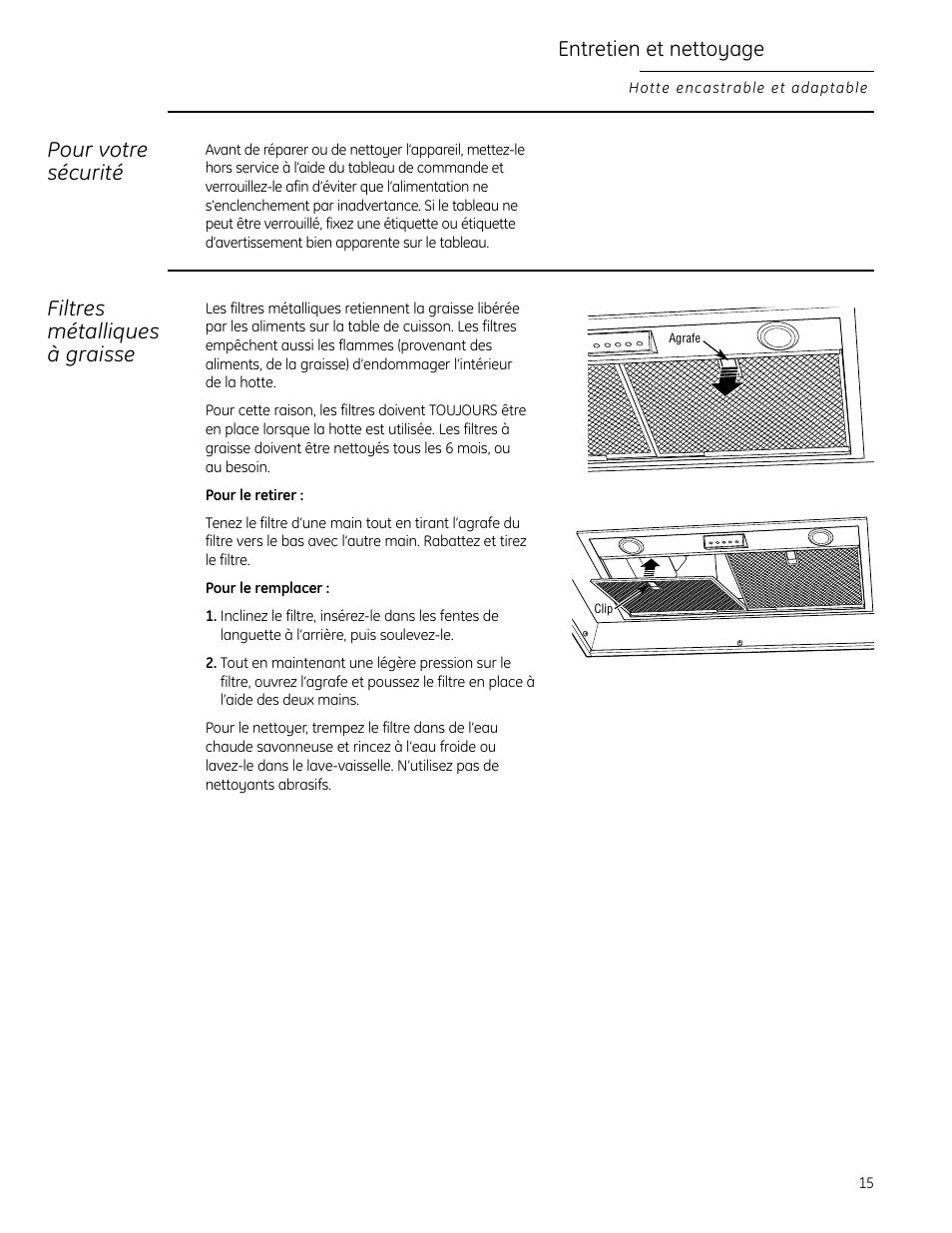 Filtres métalliques à graisse, Entretien et nettoyage, Pour votre sécurité | GE Monogram 49-80565 User Manual | Page 15 / 32