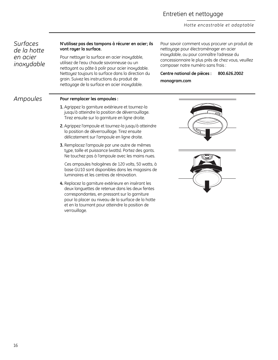 Ampoules, Surfaces de la hotte en acier inoxydable, Entretien et nettoyage | GE Monogram 49-80565 User Manual | Page 16 / 32