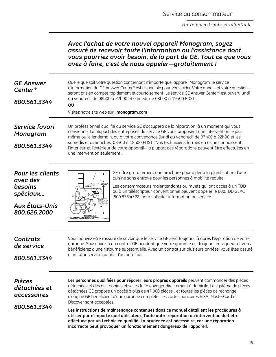 Numéros de téléphone importants, Service au consommateur | GE Monogram 49-80565 User Manual | Page 19 / 32