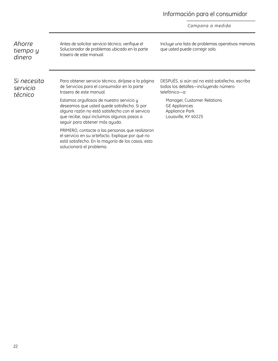 Ahorre tiempo y dinero, Si necesita servicio técnico, Información para el consumidor | GE Monogram 49-80565 User Manual | Page 22 / 32