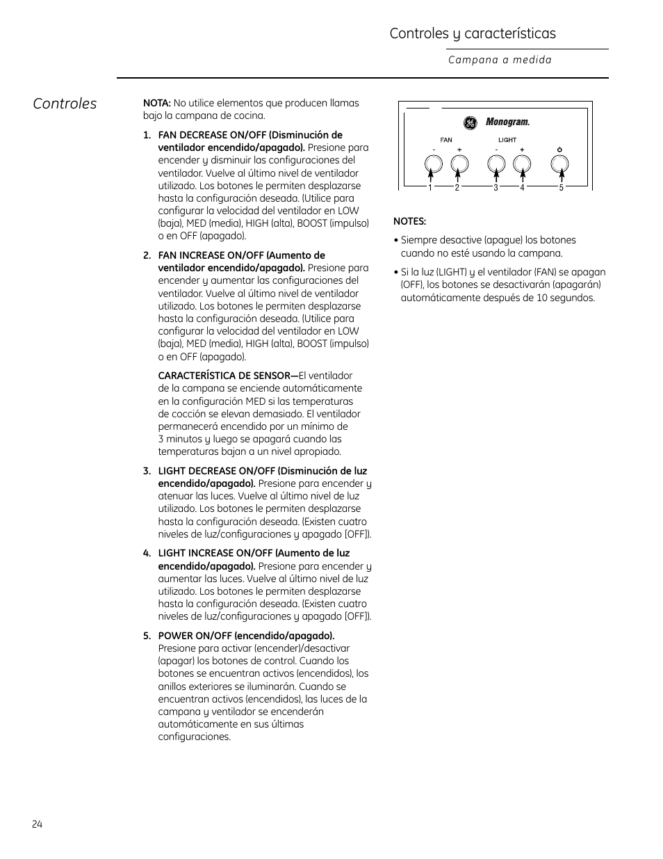 Controles y características, Controles | GE Monogram 49-80565 User Manual | Page 24 / 32