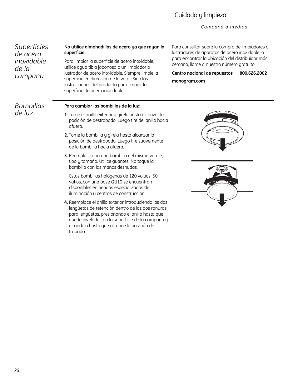Bombillas de luz, Superficies de acero inoxidable de la campana, Cuidado y limpieza | GE Monogram 49-80565 User Manual | Page 26 / 32