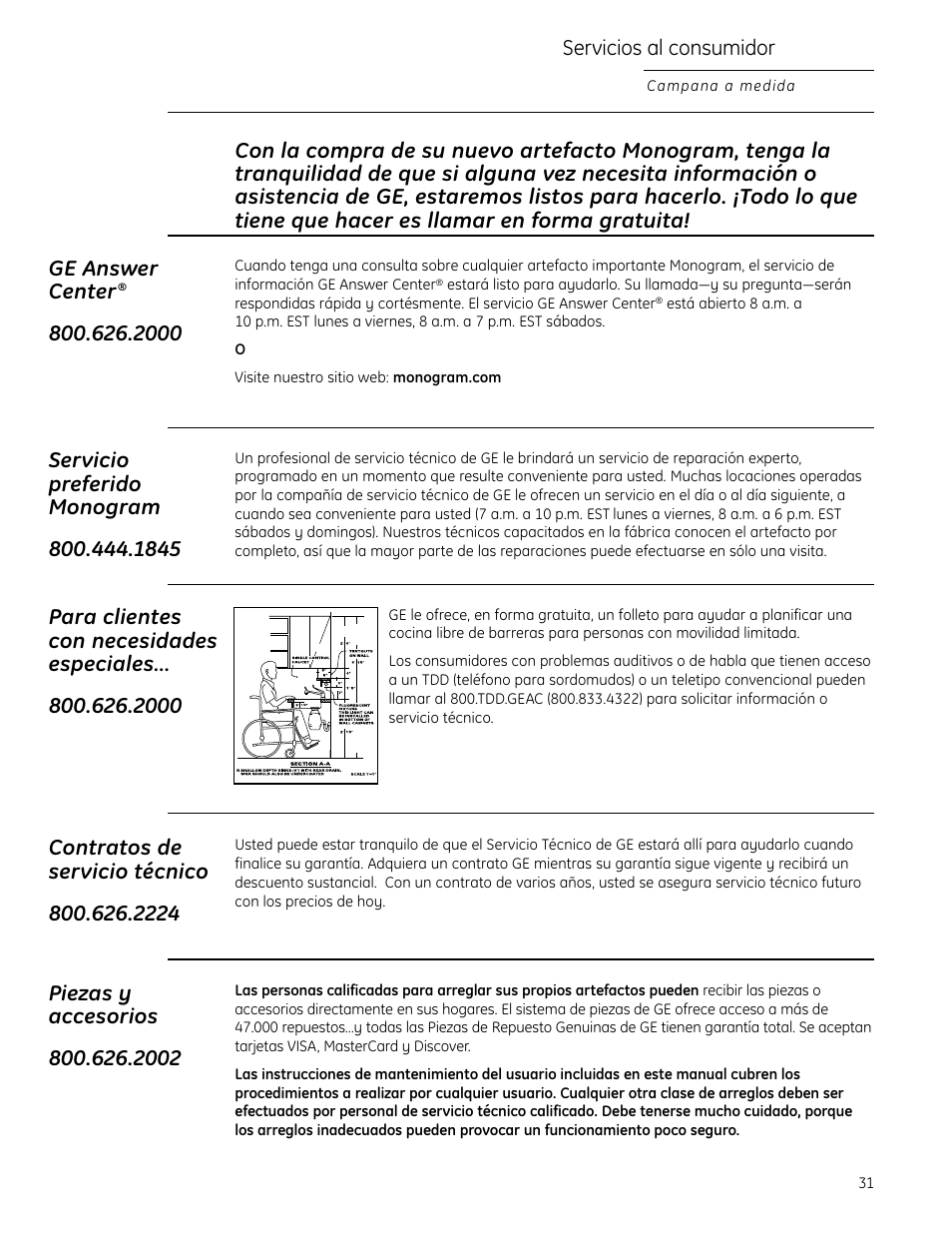 Números telefónicos importantes, Servicios al consumidor | GE Monogram 49-80565 User Manual | Page 31 / 32