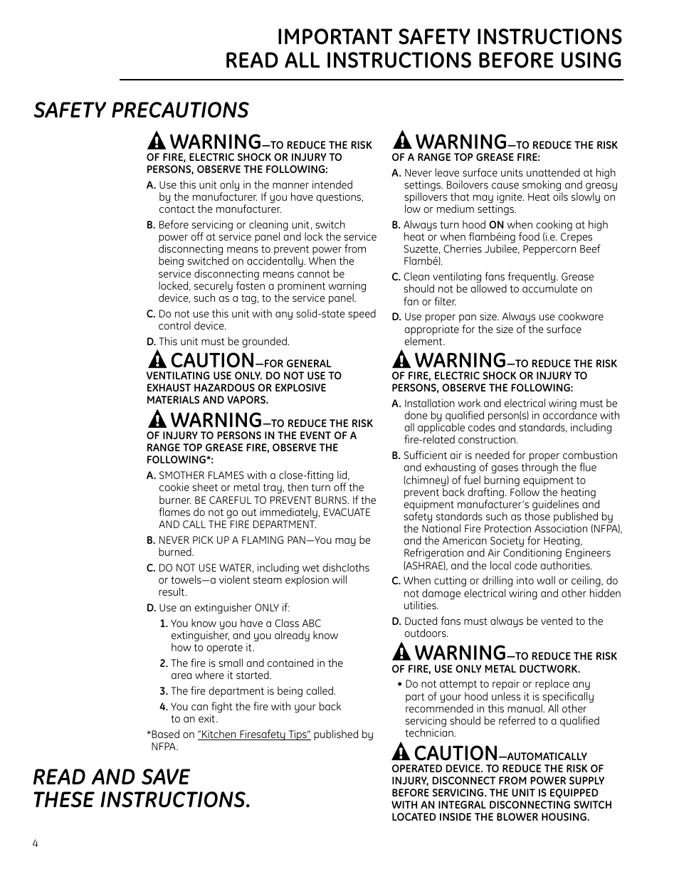 Safety instructions, Warning, Caution | GE Monogram 49-80565 User Manual | Page 4 / 32
