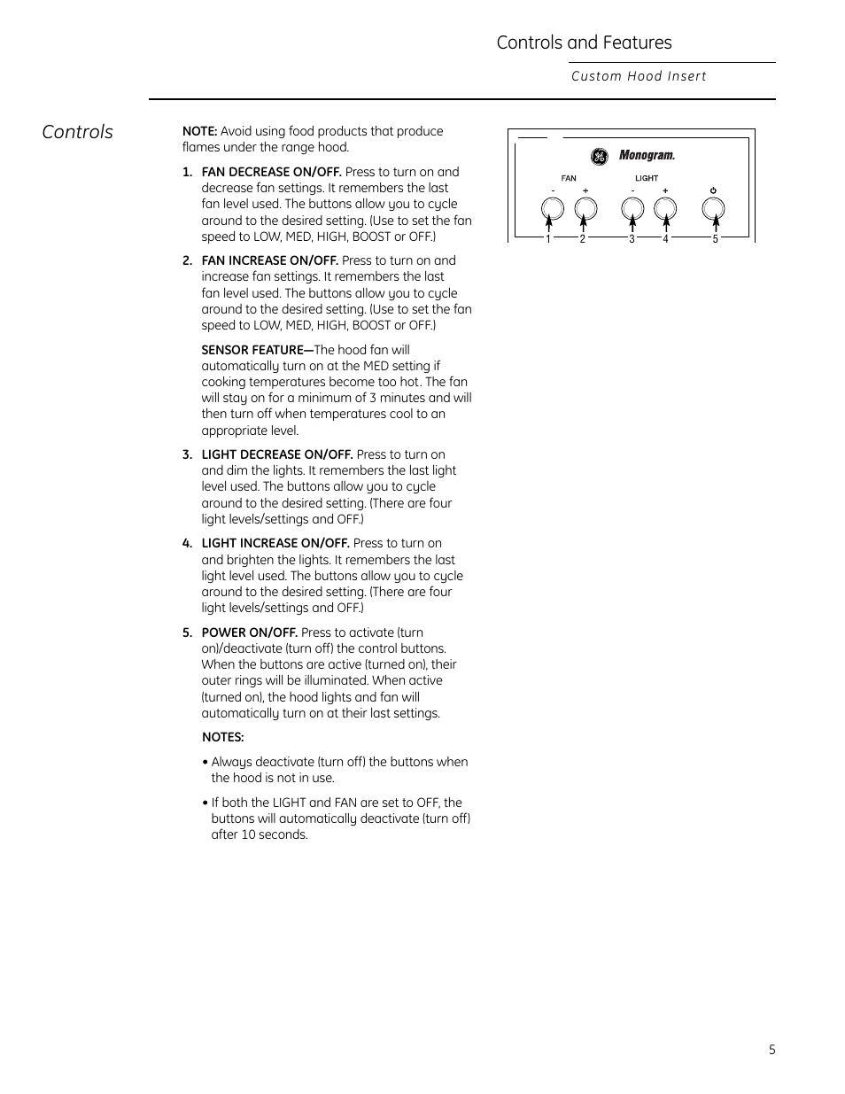 Controls and features, Controls | GE Monogram 49-80565 User Manual | Page 5 / 32