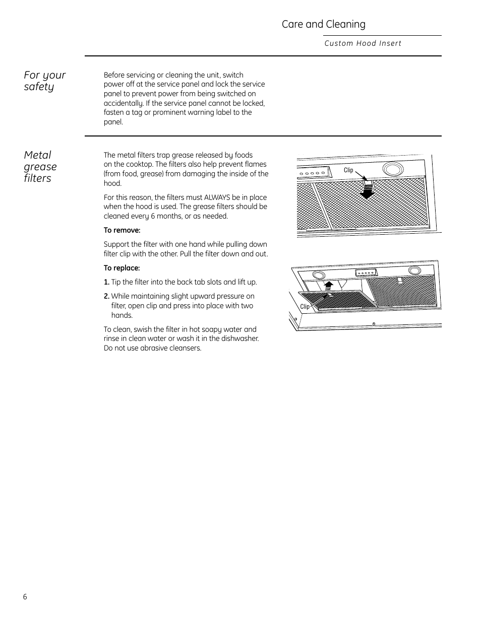 Metal grease filters, Care and cleaning, For your safety | GE Monogram 49-80565 User Manual | Page 6 / 32