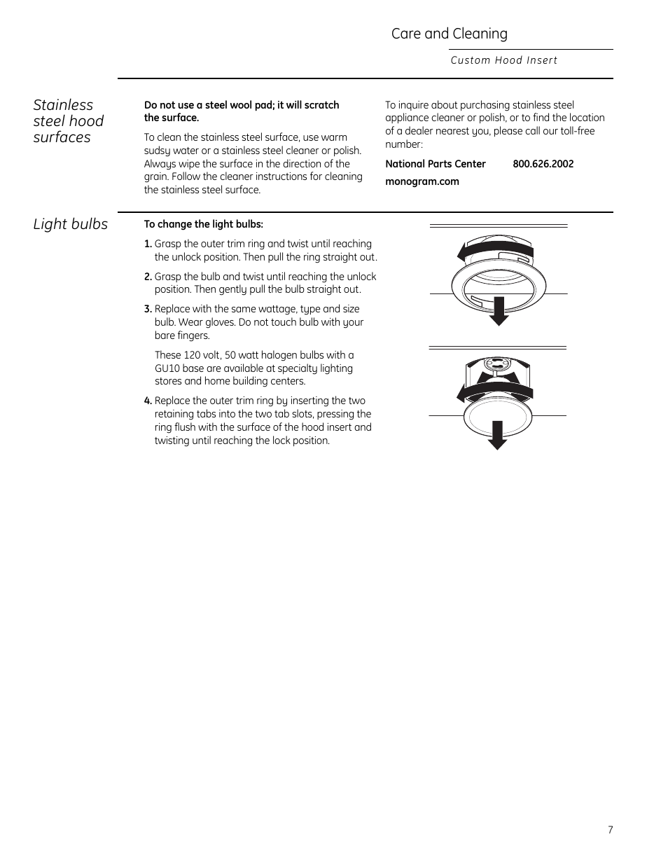 Light bulbs, Stainless steel hood surfaces, Care and cleaning | GE Monogram 49-80565 User Manual | Page 7 / 32